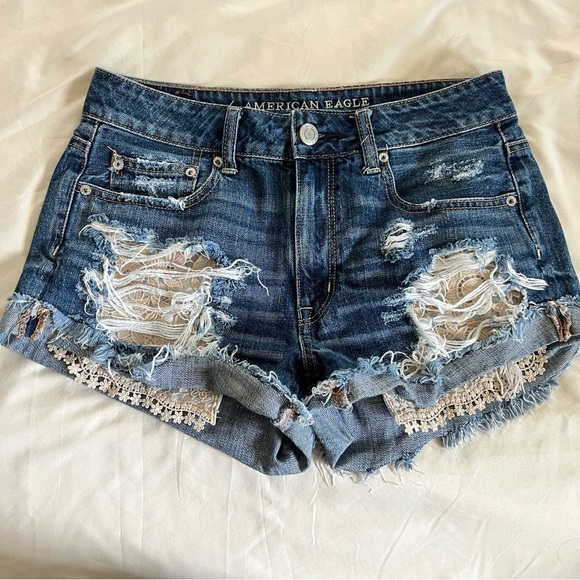 American Eagle Outfitters Pants - American Eagle Outfitters Blue Distressed Shorts with Lace